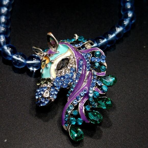 Vintage Rhinestone Enamel Horse Pendant Necklace Light Blue Beads 20 Inches - Picture 5 of 8